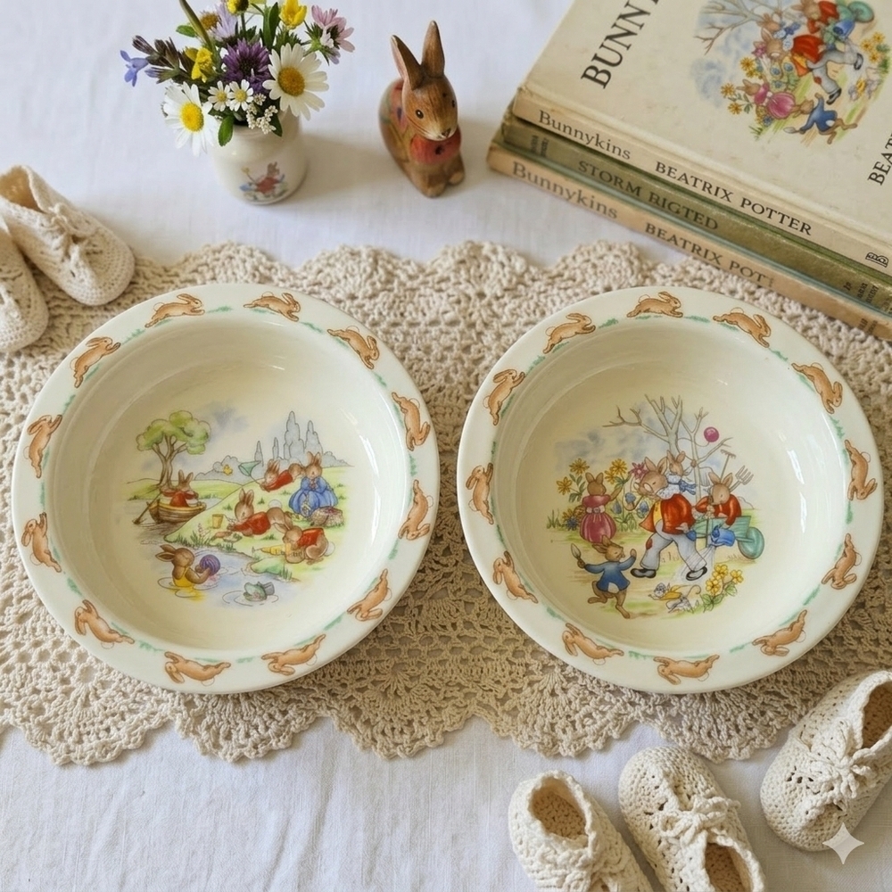 Royal Doulton Bunnykins Bowls Set 2 Vintage Fine Bone China English Kids 1980s